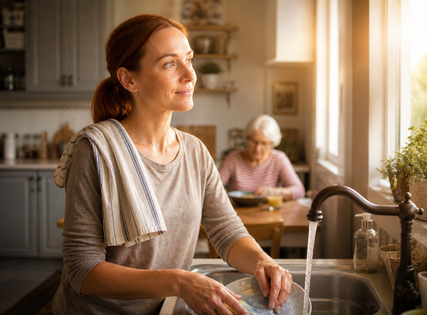 Family caregiver standing at a kitchen sink, looking out a sunlit window, with her elderly mother seated at the kitchen table in the background.